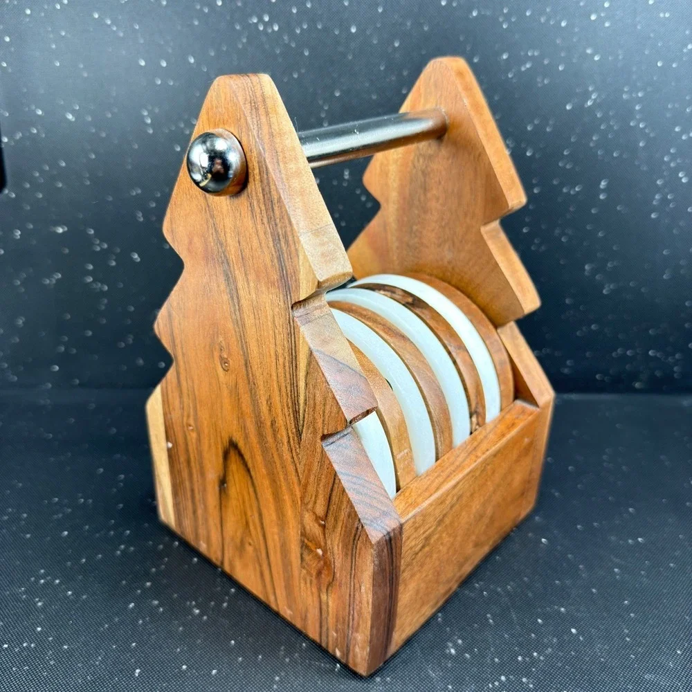 Wood‎ and White Marble Coaster Set of 8 Tree Shaped Caddy Holder Rustic MCM